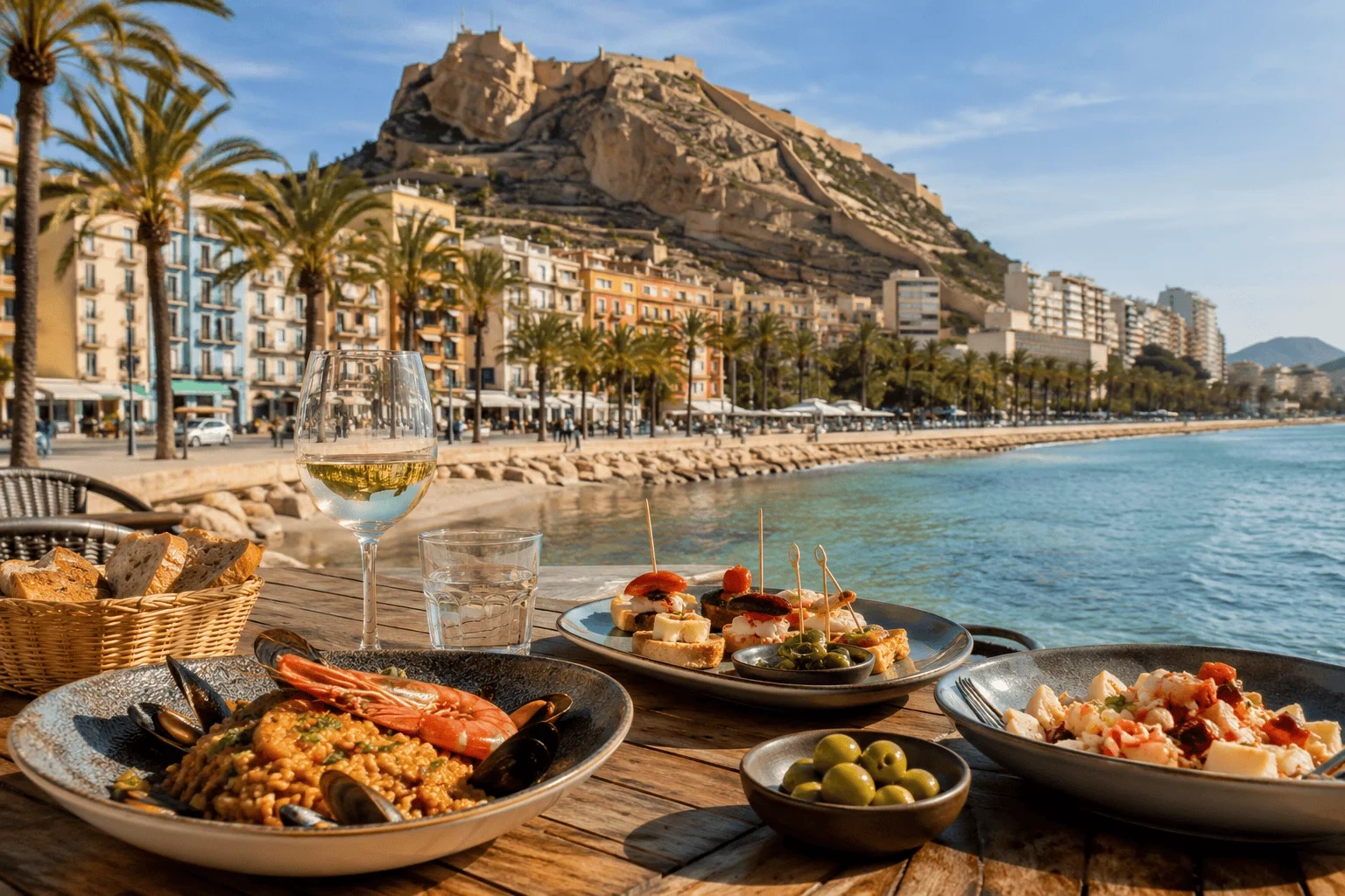 Alicante waterkant met palm trees en Santa Bárbara Castle