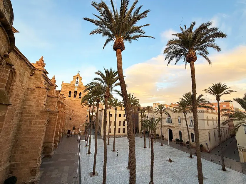 Palm-lined historische plein en kathedraal architectuur in Almería