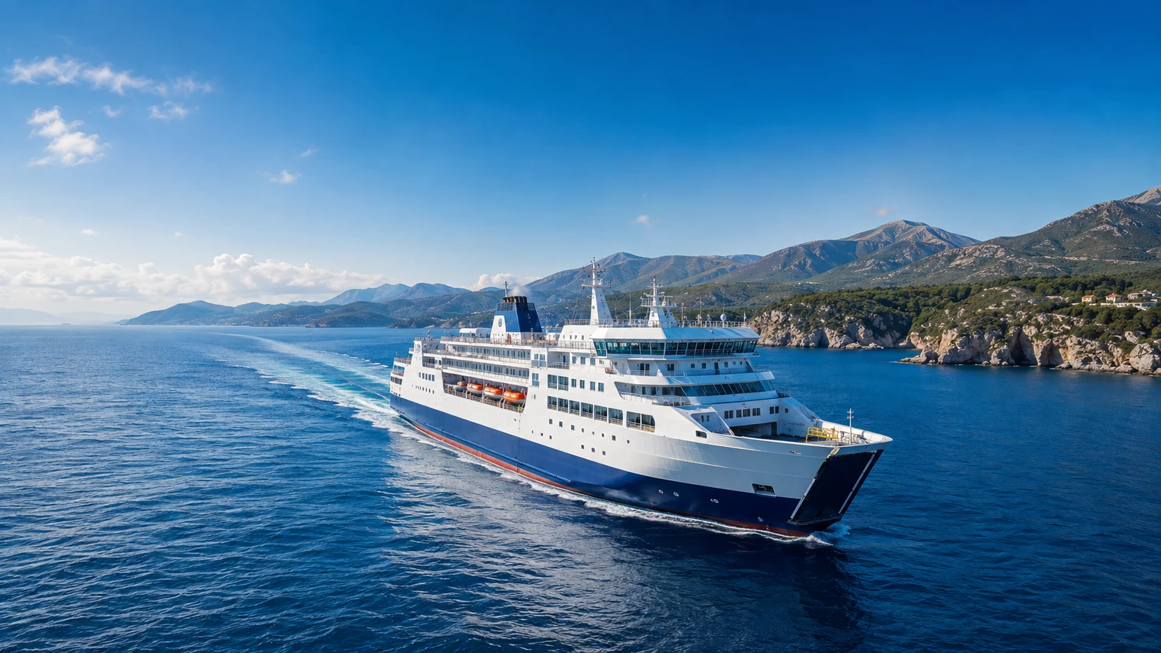 Veerboot reizen via een schilderachtige Europese kustlandschap