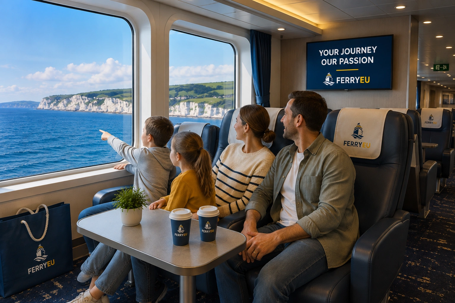 Gezin dat samen ontspant tijdens een Europese veerboot overtocht