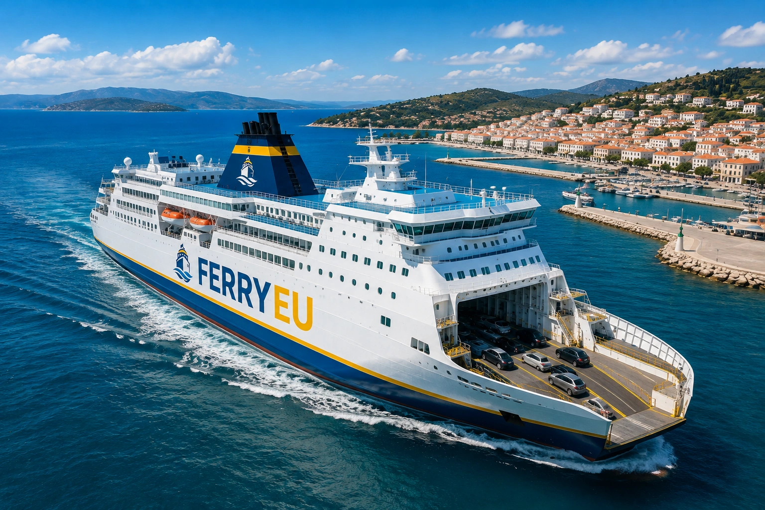 Passagier veerboot afvaart naast een Europese kust haven