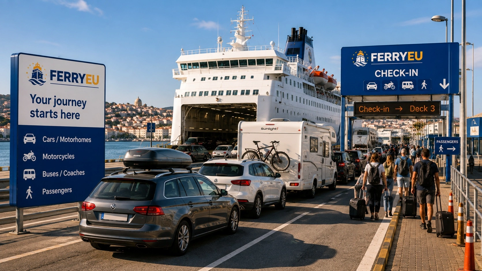 Passagiers inscheping bij een veerbootterminal