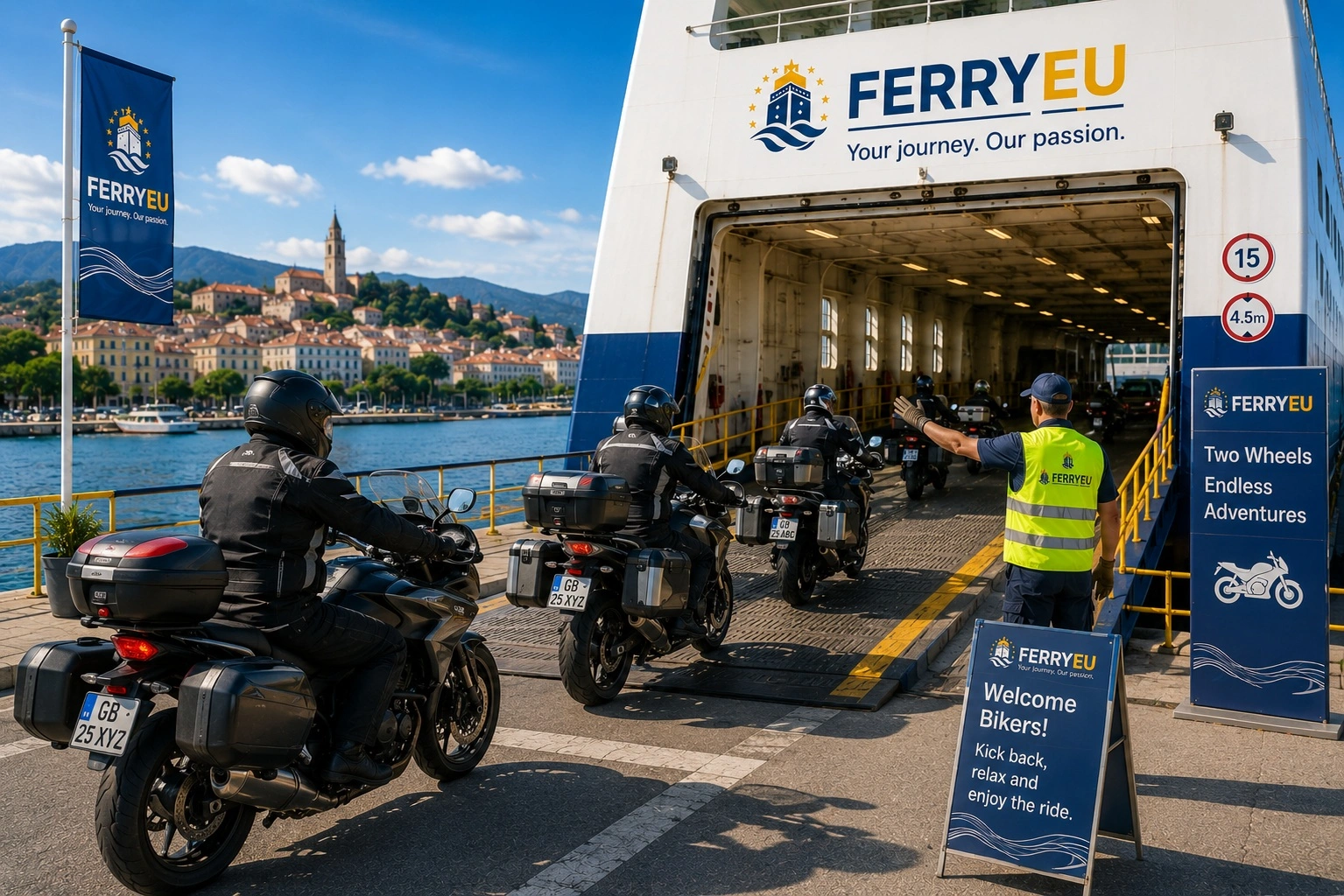 Motorfiets inscheping een veerboot