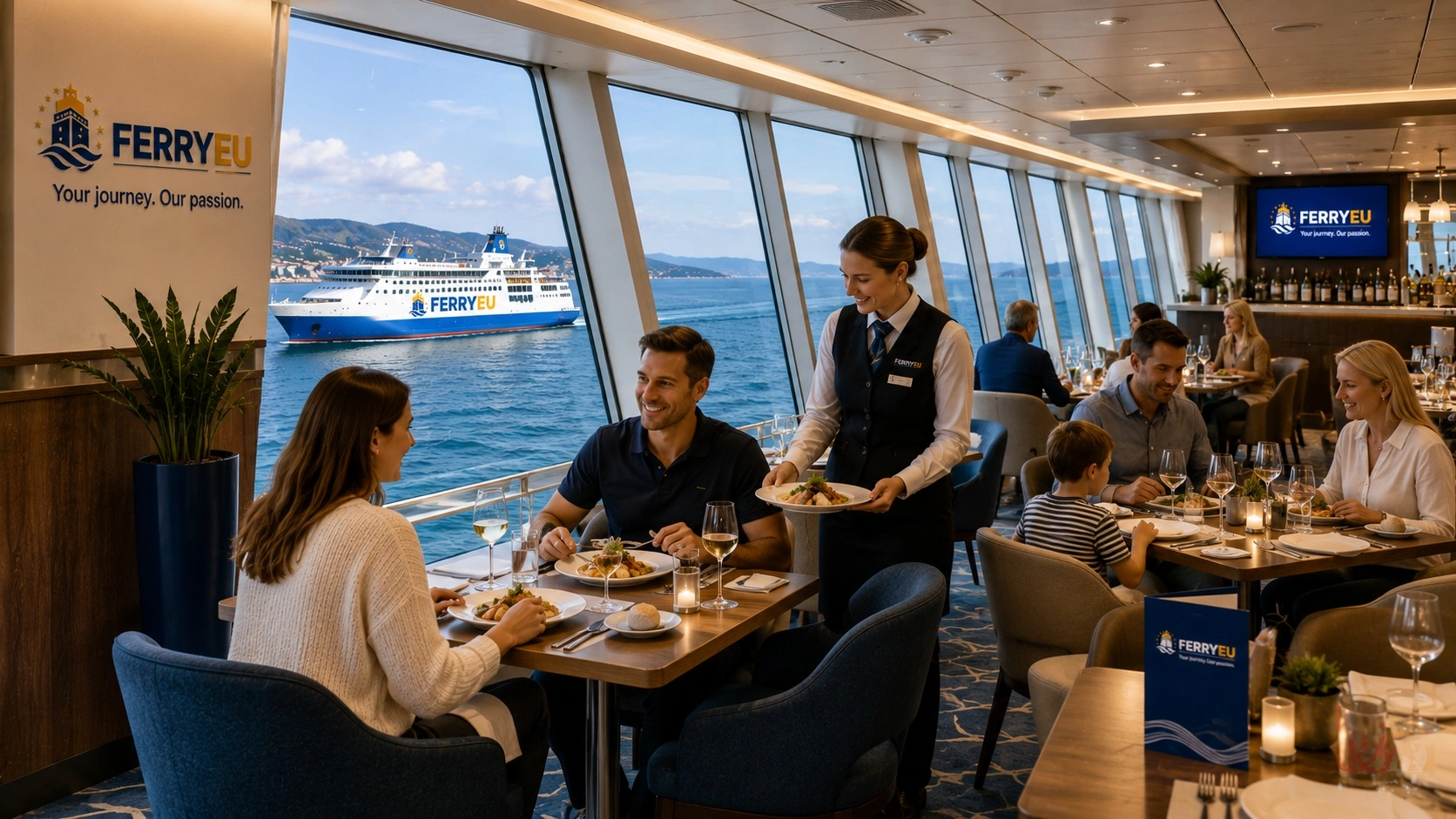 Veerboot restaurant met uitzicht op zee