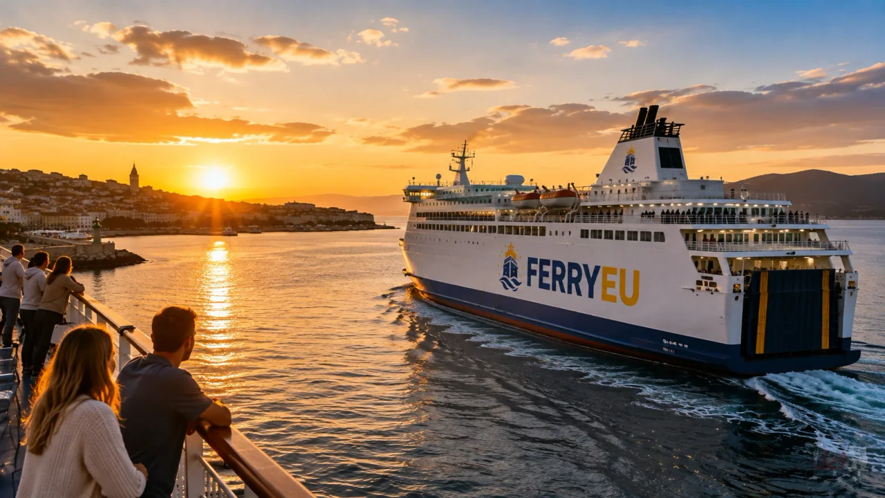 Passagiersveerboot vertrekt haven bij zonsondergang