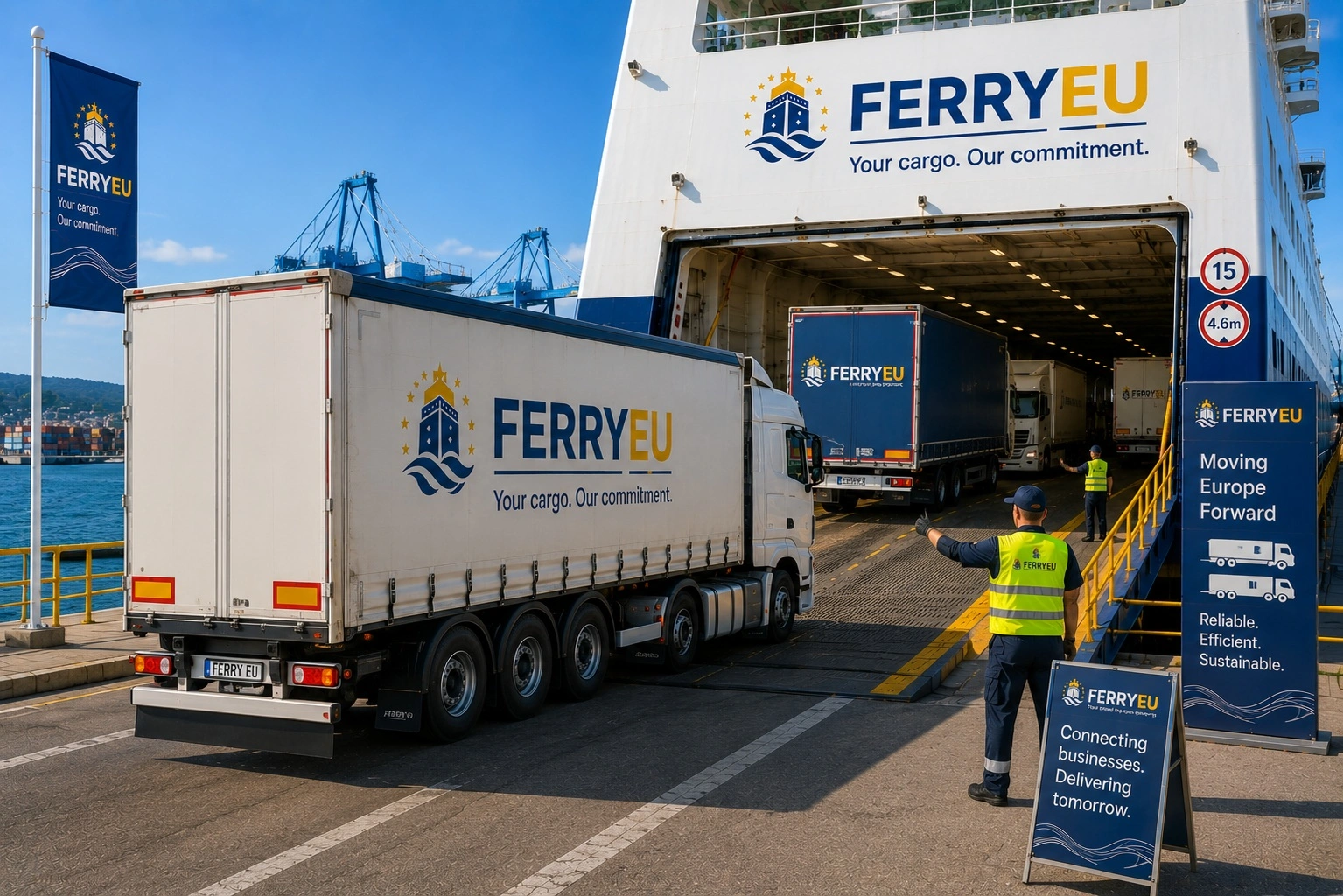 Commerciële voertuigen inscheping een roll-on roll-off veerboot