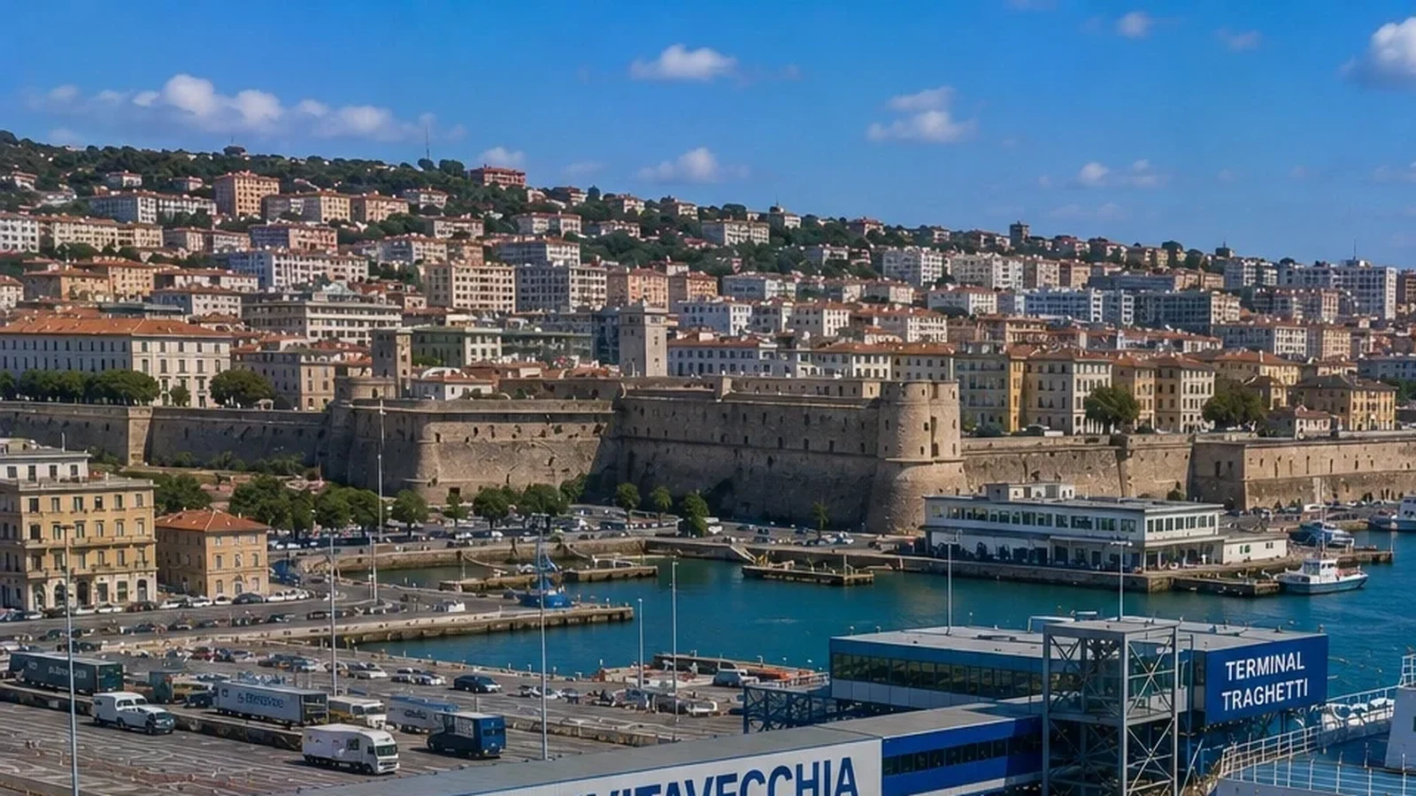 Civitavecchia veerboothaven en waterkant van de stad zonder niet-gerelateerde rederijmarkeringen