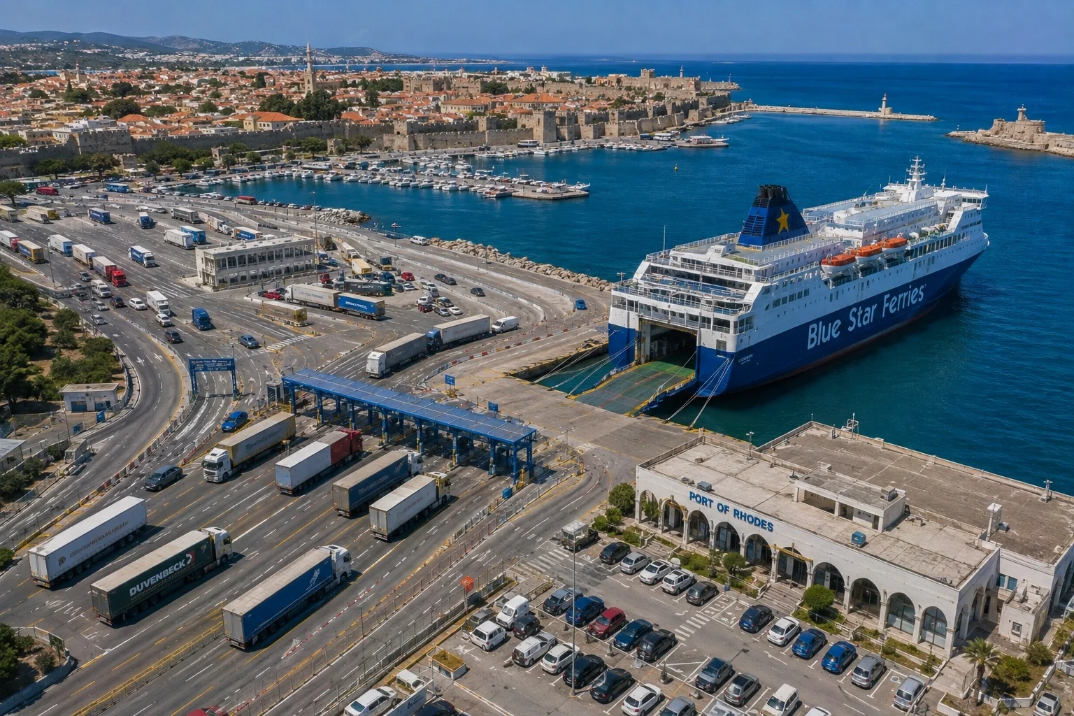 Luchtfoto van Rhodes veerboothaven en historische waterkant