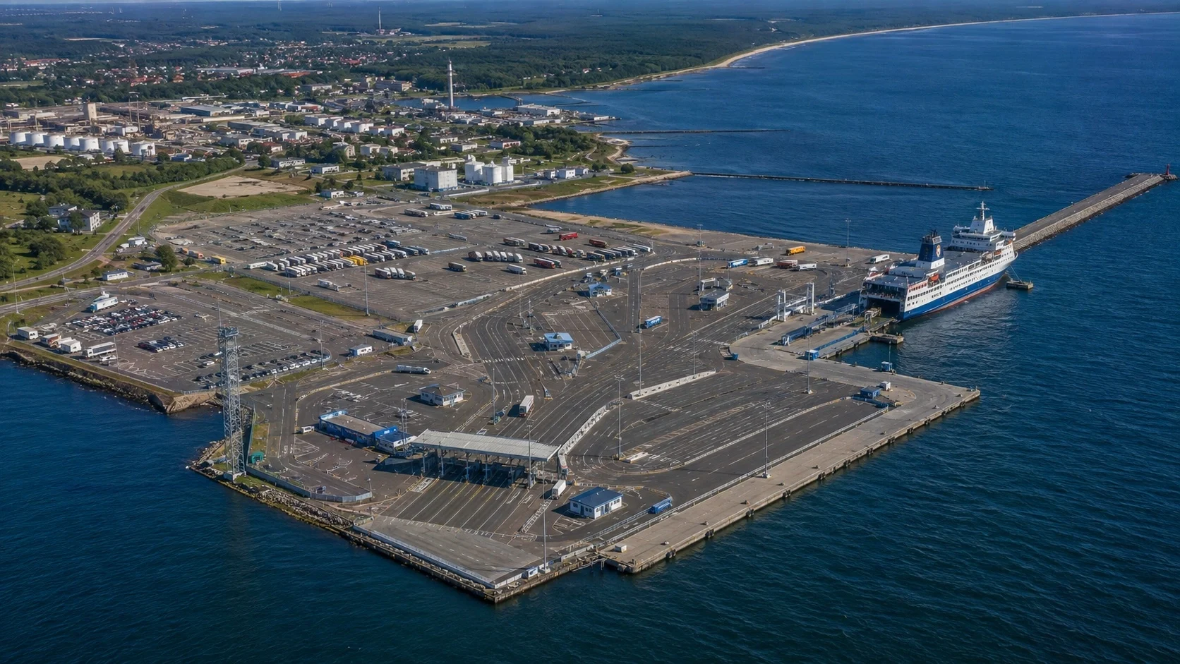 Luchtfoto van Ventspils veerbootterminal op Letse Oostzee kust