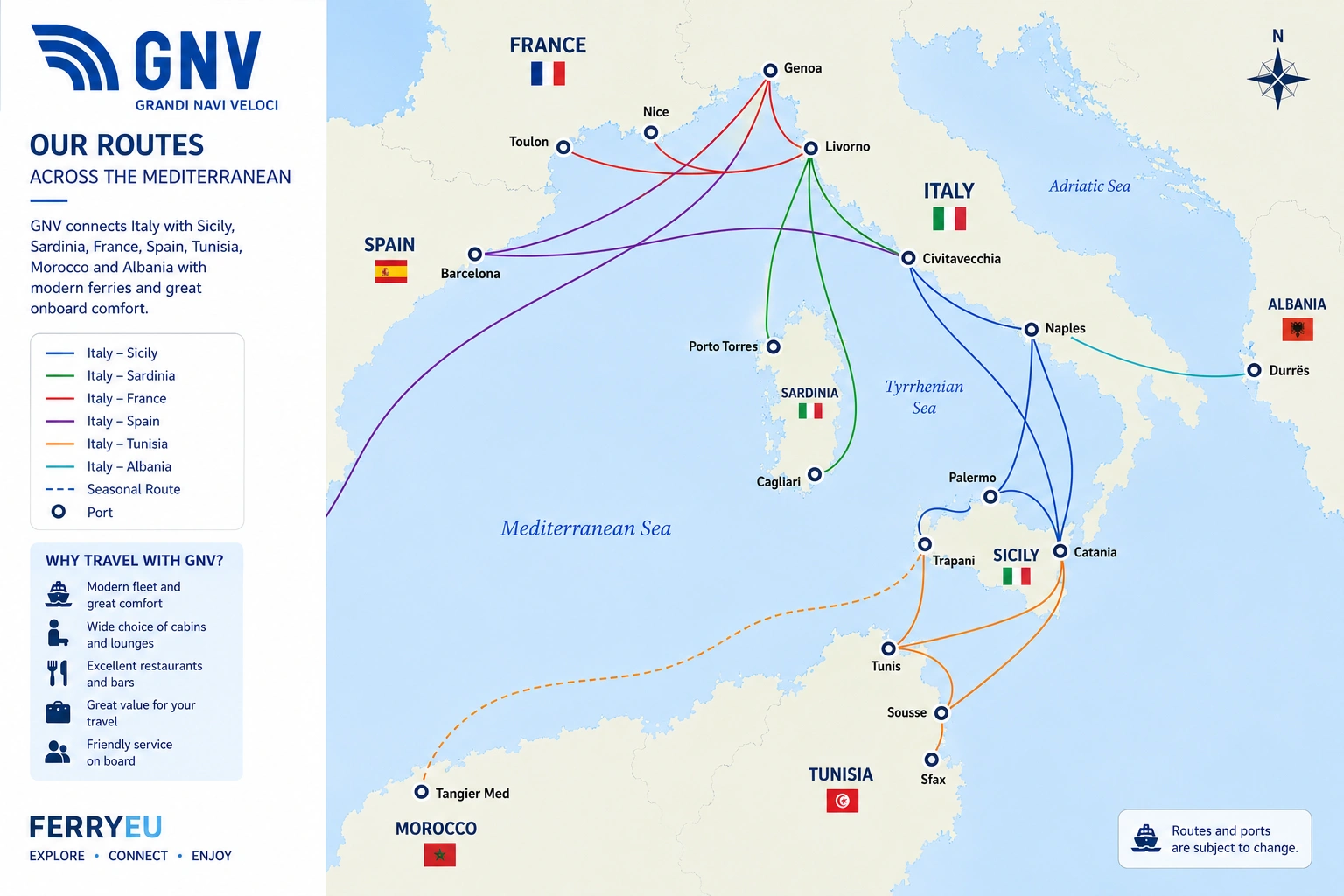 Grandi Navi Veloci (GNV) route kaart