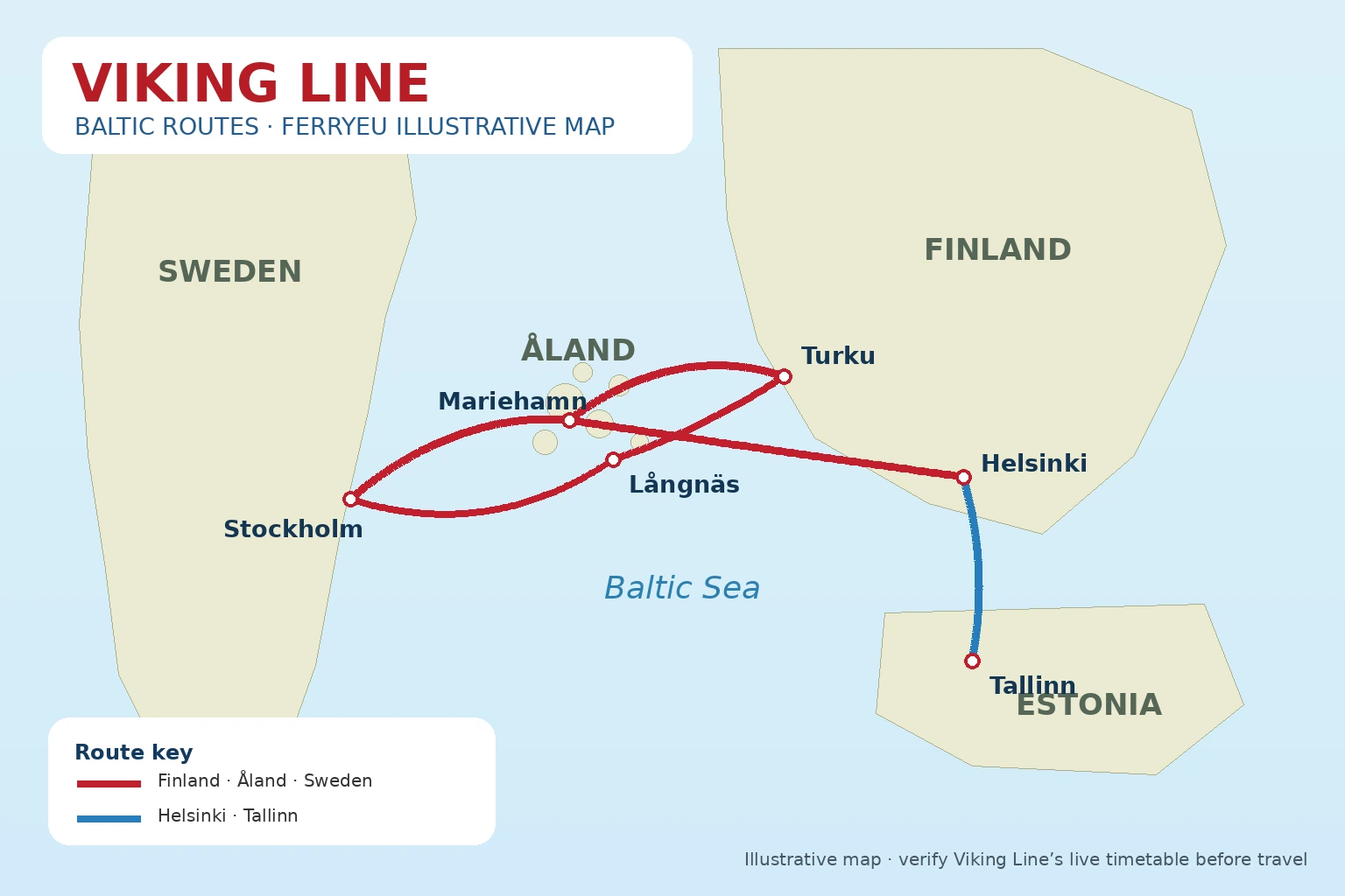 Geïllustreerde Viking Line Oostzee veerbootroute kaart