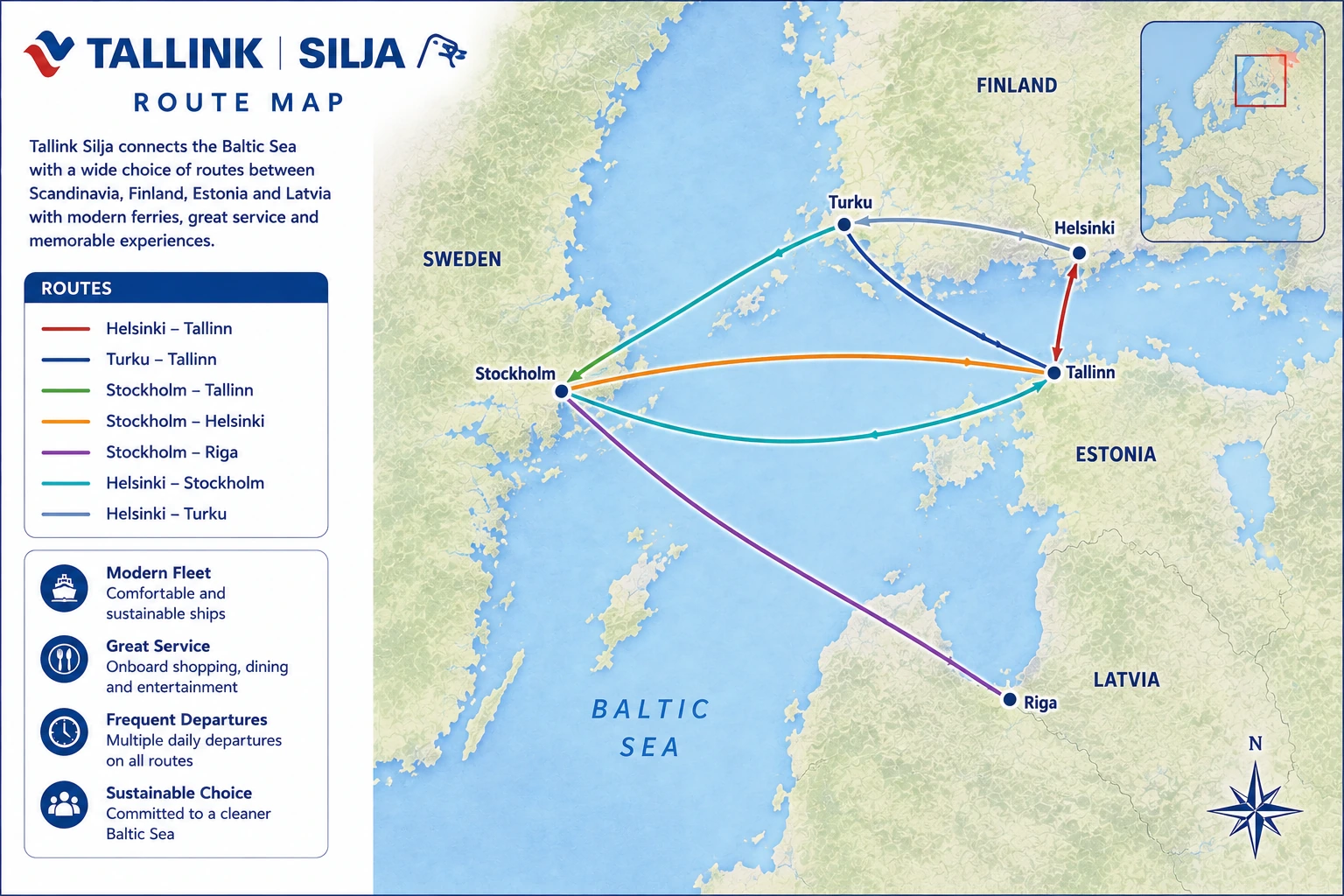 Geïllustreerde Tallink Silja Line route kaart