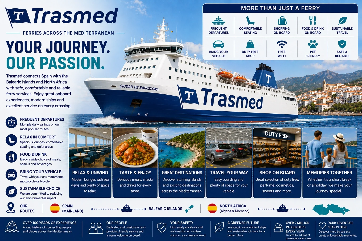 Trasmed passagiers- en autoveerboot afvaart naar de Balearische Eilanden